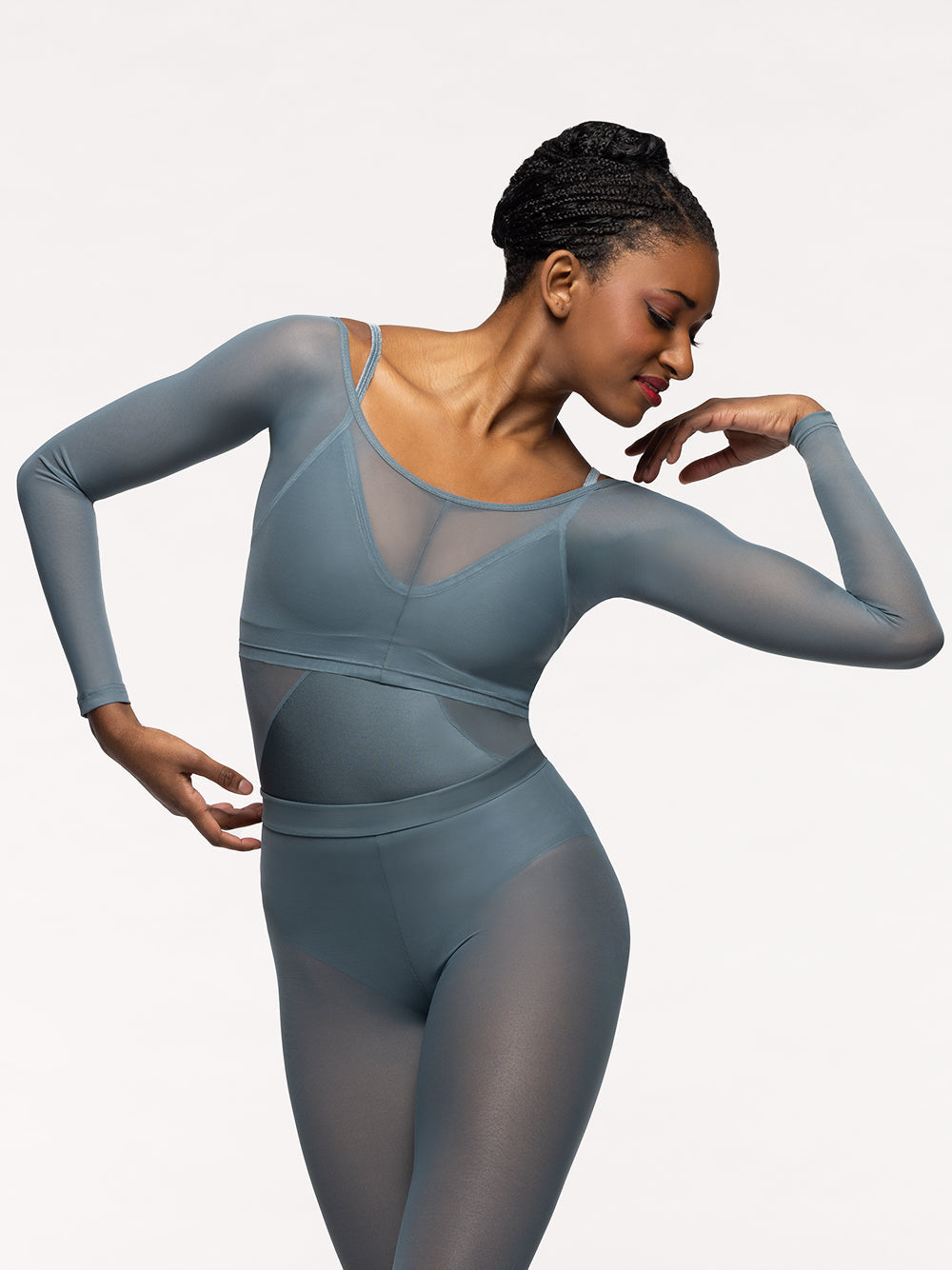 エレベ ダンスウェア バックシームクロップトップ ブルーアガベメッシュ Eleve Dancewear Back Seam Crop Top Blue Agave Mesh RTW