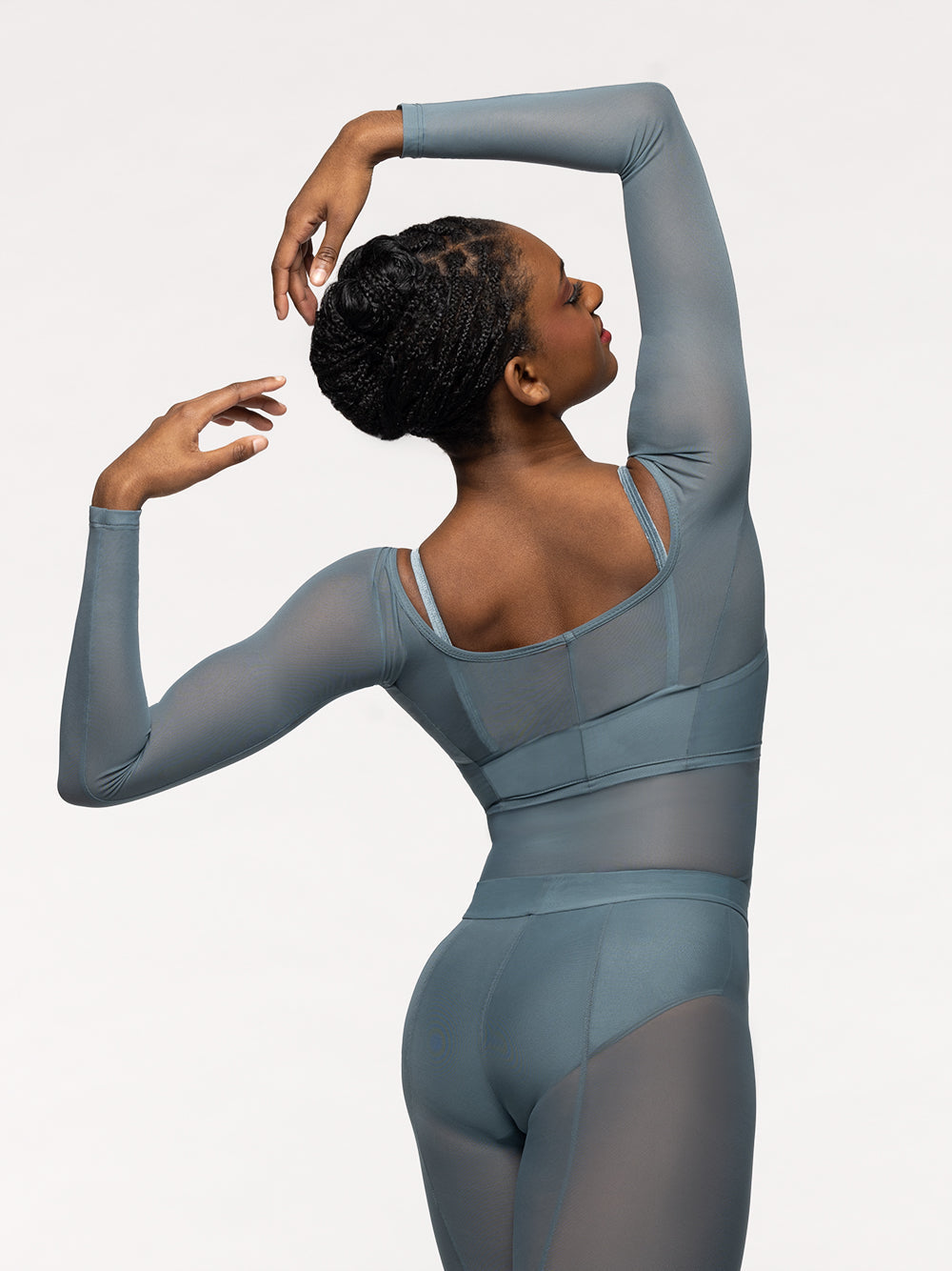 エレベ ダンスウェア バックシームクロップトップ ブルーアガベメッシュ Eleve Dancewear Back Seam Crop Top Blue Agave Mesh RTW