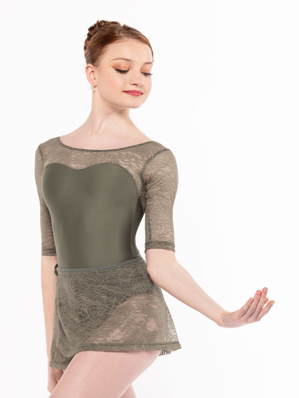 エレベ ダンスウェア ウィーン ショートラップスカート ダスティオリーブレース Eleve Dancewear Vienna Short Wrap Skirt Dusty Olive Lace RTW