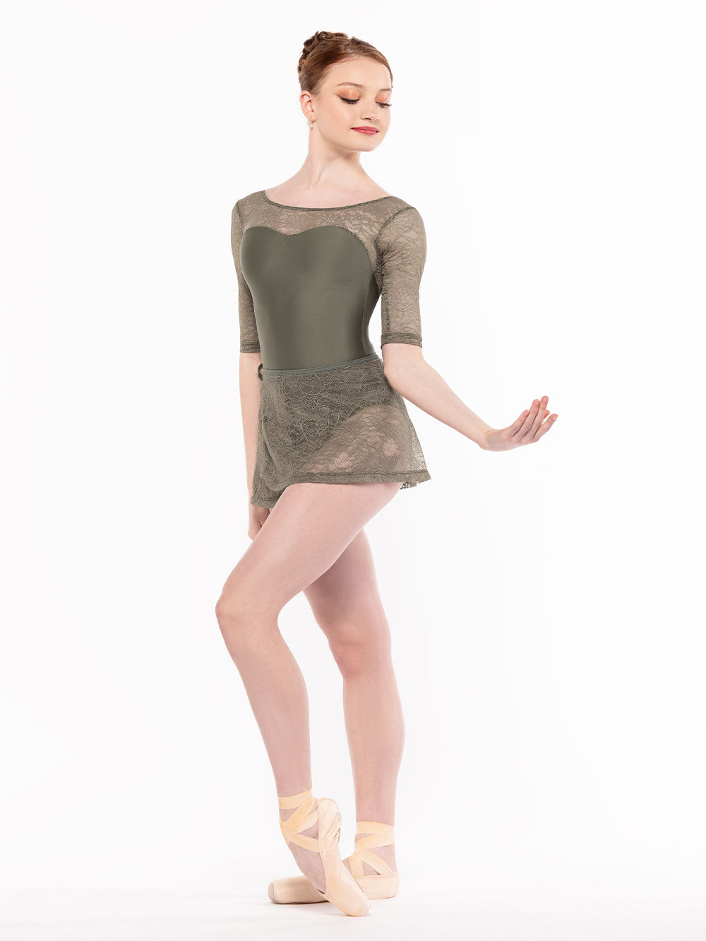 エレベ ダンスウェア ウィーン ショートラップスカート ダスティオリーブレース Eleve Dancewear Vienna Short Wrap Skirt Dusty Olive Lace RTW