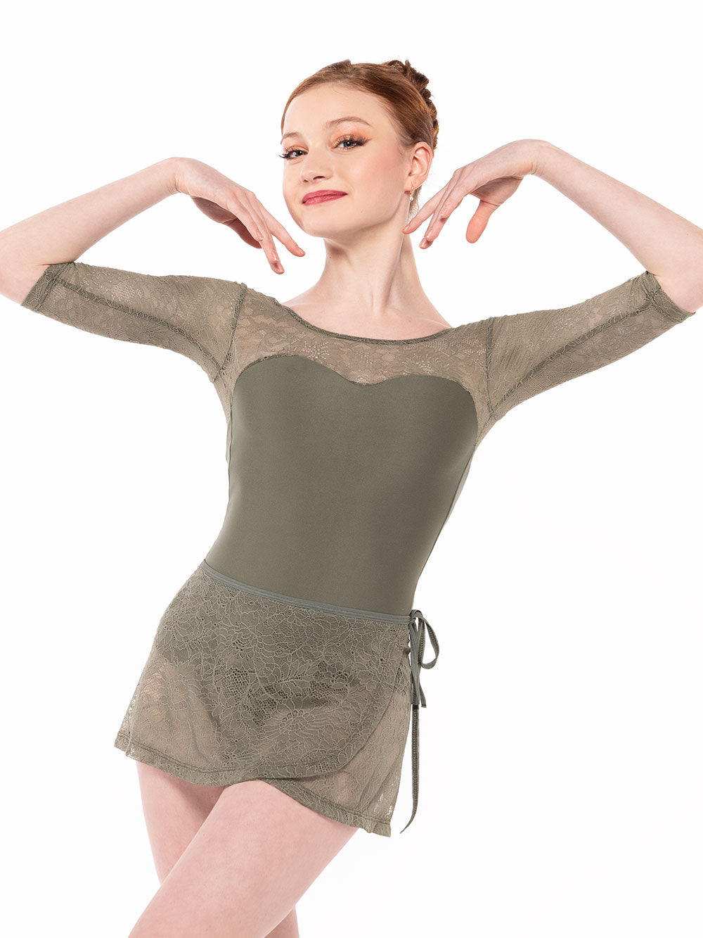 エレベ ダンスウェア ウィーン ショートラップスカート ダスティオリーブレース Eleve Dancewear Vienna Short Wrap Skirt Dusty Olive Lace RTW