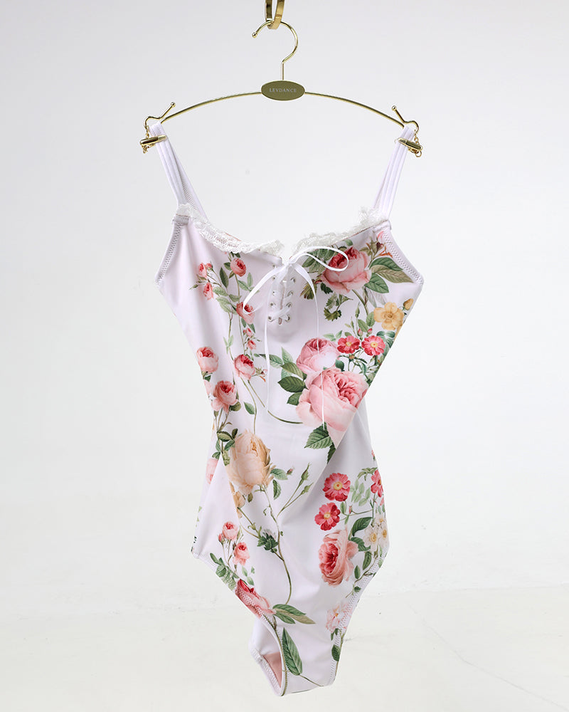 レヴダンス シャーロットレースアップレオタード フローラル / ホワイト LEVDANCE charlotte lace-up leotard FLORAL / WHITE