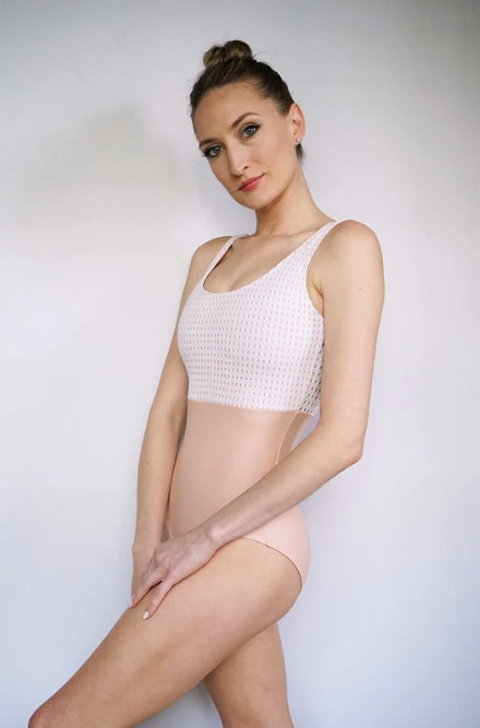 ジュールダンスウェア ラスター レオタード ピーチ+ホワイトドットメッシュ Jule Dancewear Luster Leotard: Peach + White Dot Mesh