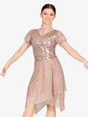 ダブルプラチナム 半袖アシンメトリー リリカルパフォーマンスドレス - ローズ【大人】Double Platinum Womens Short Sleeve Asymmetrical Lyrical Performance Dress - Rose