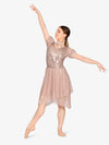 ダブルプラチナム 半袖アシンメトリー リリカルパフォーマンスドレス - ローズ【大人】Double Platinum Womens Short Sleeve Asymmetrical Lyrical Performance Dress - Rose