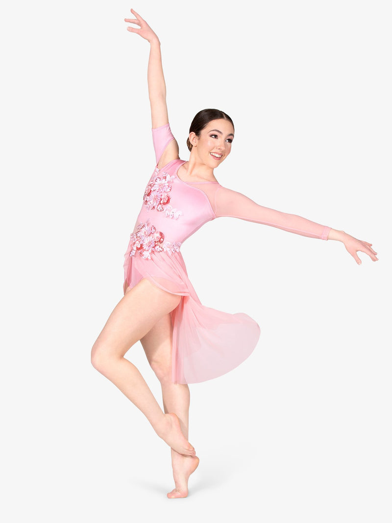 エリッセ アシンメトリー花柄スカート付きパフォーマンス・レオタード - ピンク【大人】Elisse Womens Asymmetrical Floral Skirted Performance Leotard