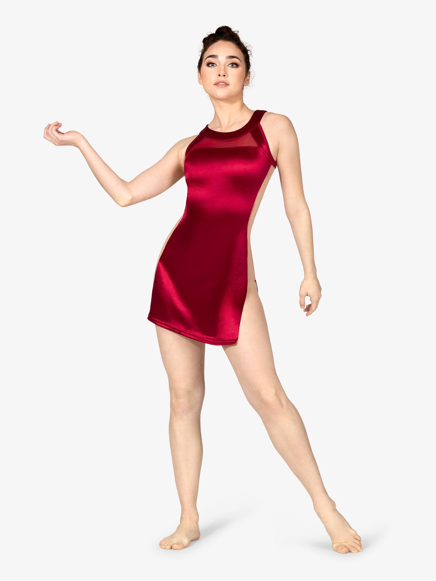 ダブルプラチナム イリュージョン サテン & メッシュ チュニック パフォーマンス ドレス - レッド【大人】Double Platinum Womens Illusion Satin and Mesh Tunic Performance Dress - Red