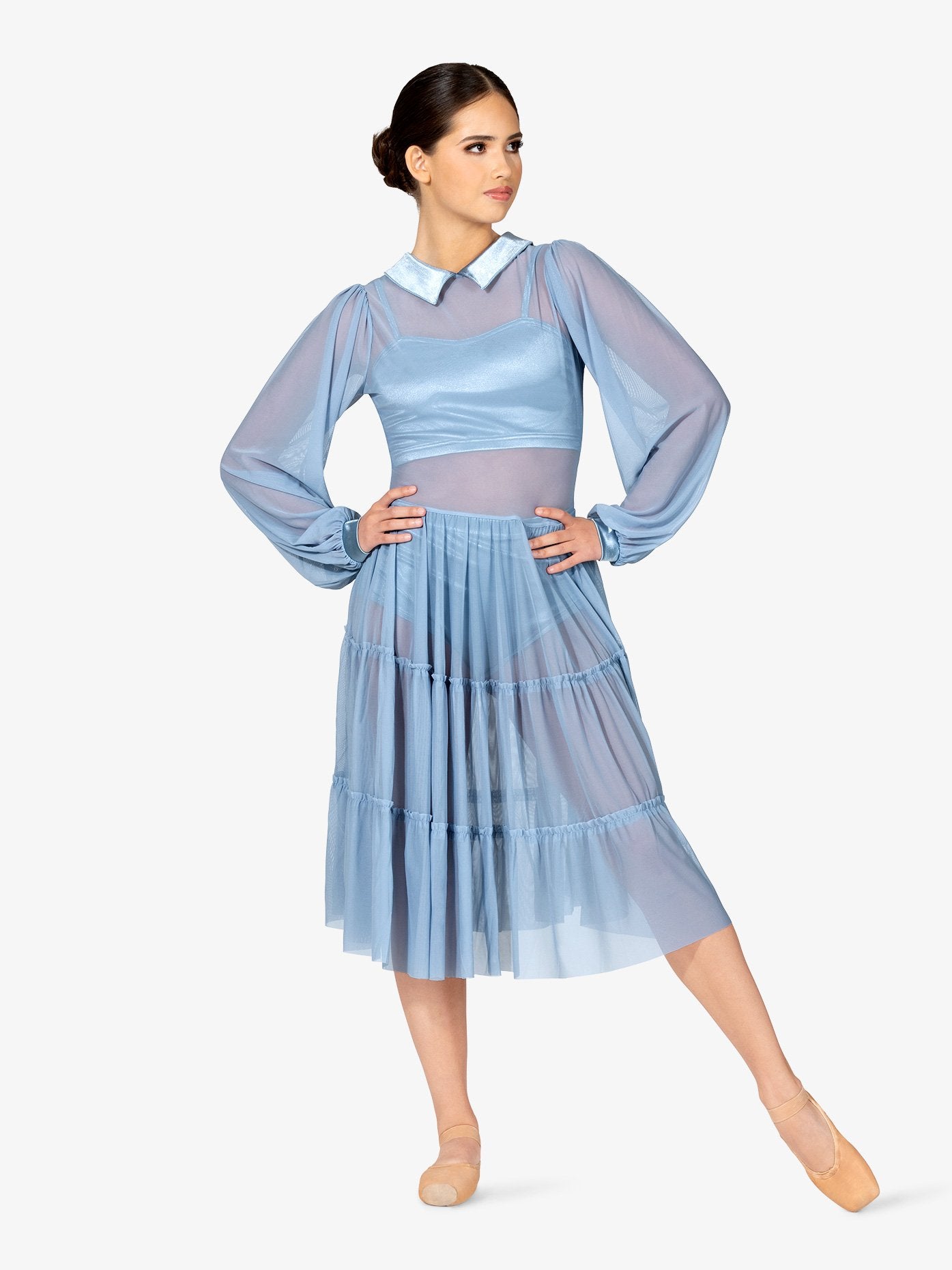 ダブルプラチナム 長袖ティアードサテン＆メッシュドレス【大人】全5色 Double Platinum Womens Long Sleeve Tiered Satin and Mesh Dress