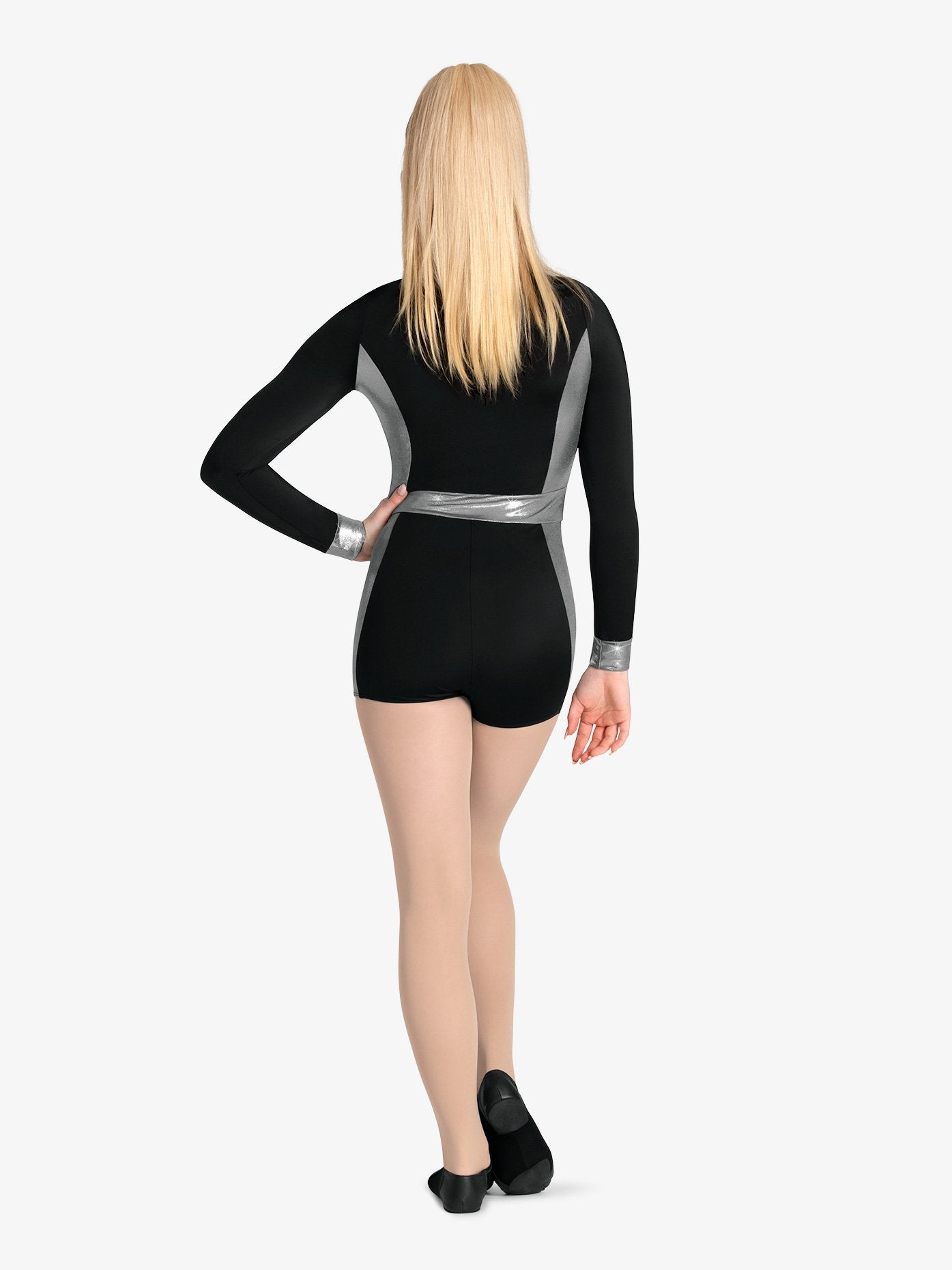 ダブルプラチナム 長袖メタリック パフォーマンス ショーティー ユニタード - ブラック【子供】Double Platinum Girls Long Sleeve Metallic Performance Shorty Unitard - Black